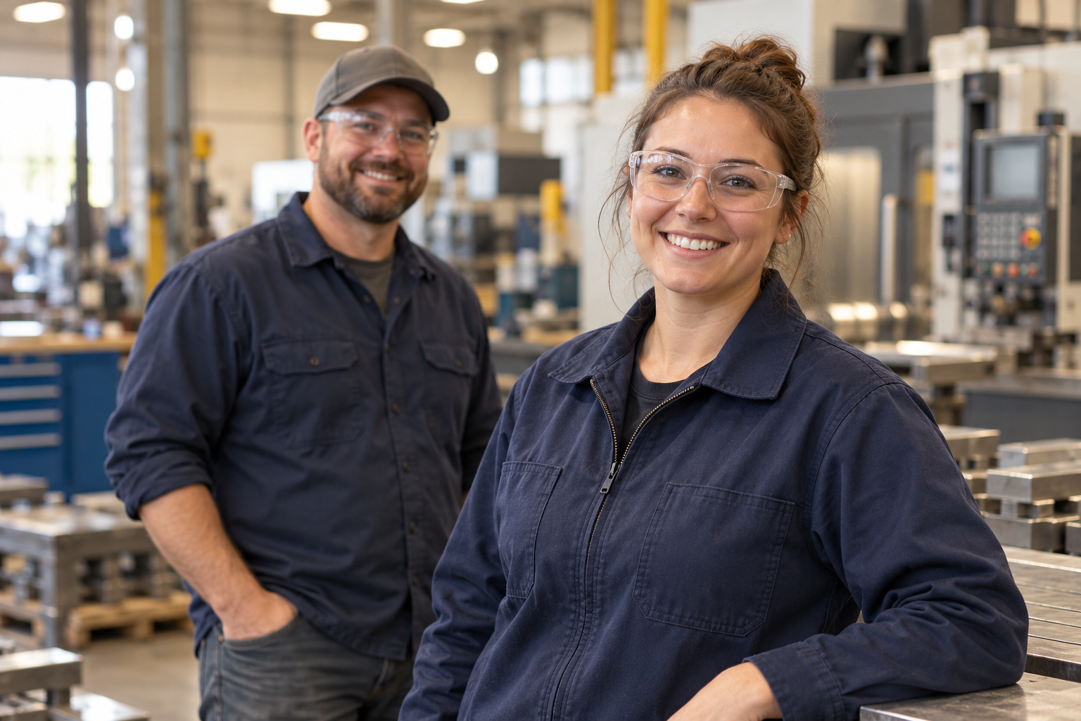Illustrative photograph of two workers in safety glasses in a manufacturing workshop